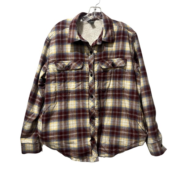 Eddie Bauer Red Blue Plaid Flannel Jacket Shacket Sherpa Lined Mens Size XL - Picture 1 of 9